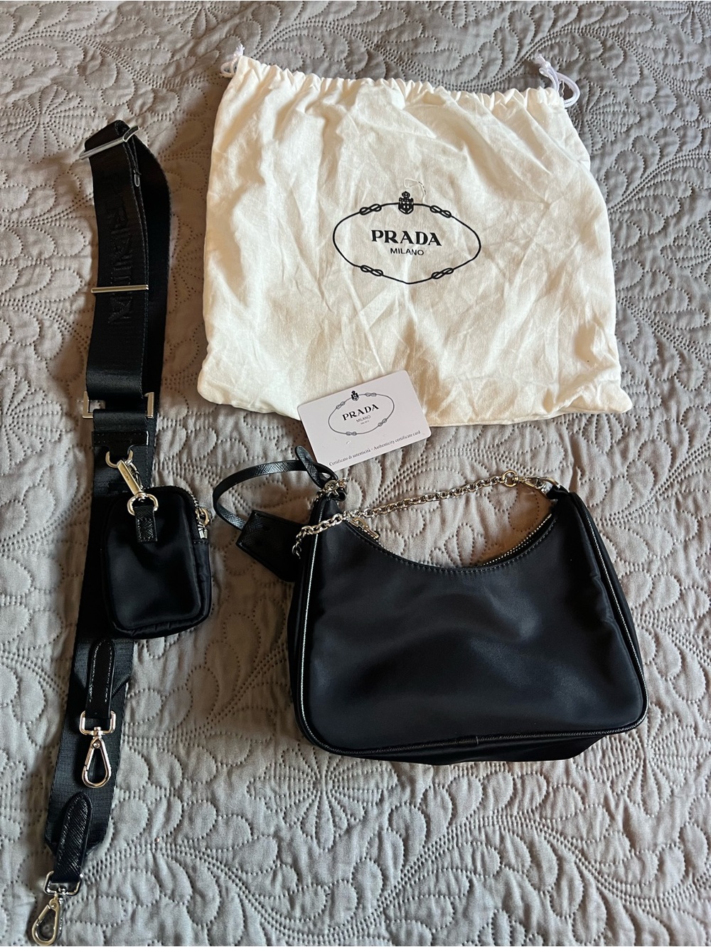 Fashion Trendy Black Nylon Shoulder Bag with Chain and Detachable Strap - Picture 5 of 5